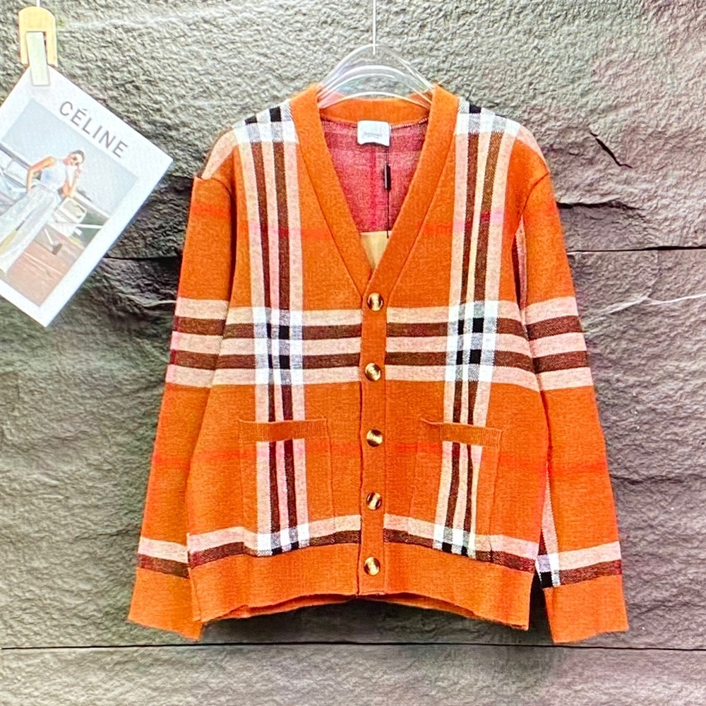 Burberry Orange Plaid Cardigan